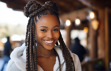 young teenage African American girl with braid hairstyle smiling with winter snow town background, Generative Ai