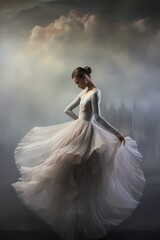 Fototapeta na wymiar A mesmerizing portrayal of a lady in a ballet dress, her hair elegantly braided and makeup delicately applied, set against the ethereal backdrop of a studio.