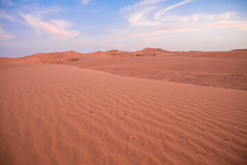 Fototapeta na wymiar Moroccan desert, footprints in the dunes