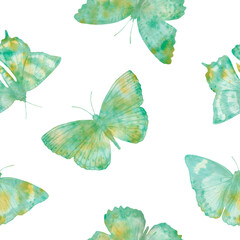 seamless pattern of green butterflies on a white background