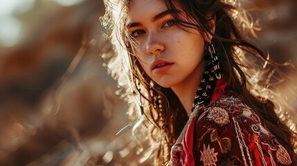 pretty woman close up fashion portrait in Bohemian Boho Chic style, charming and enigmatic dreamlike atmosphere, Generative Ai