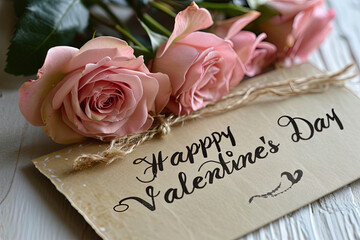Happy Valentine's day greeting card on the table with pink roses