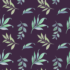 seamless watercolor pattern, abstract background for the design of wrapping paper, textile, wallpaper, drawn branches with leaves on a purple background