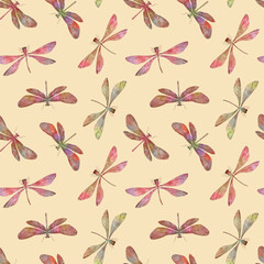 multi-colored dragonflies drawn in watercolors in digital processing, seamless pattern on a light background for the design of wrapping paper, wallpaper, textiles
