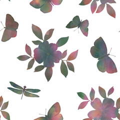 seamless botanical pattern, watercolor flowers and butterflies on a white background