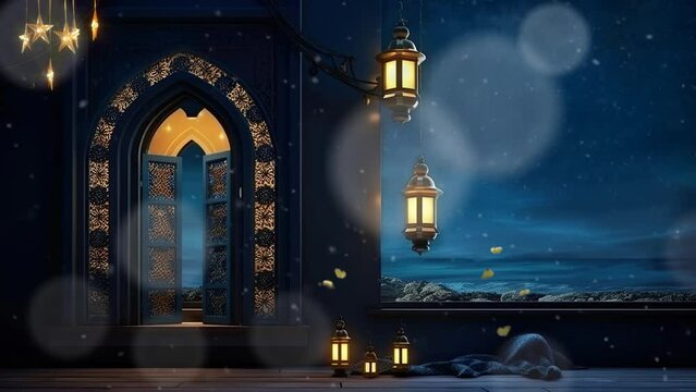ramadan night in the balcony with lantern and moon. seamless looping time-lapse virtual 4k video animation background.