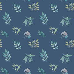 seamless botanical pattern, watercolor green leaves on a blue background