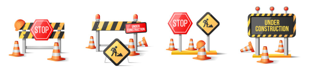 Traffic cones and under construction warning sign.
