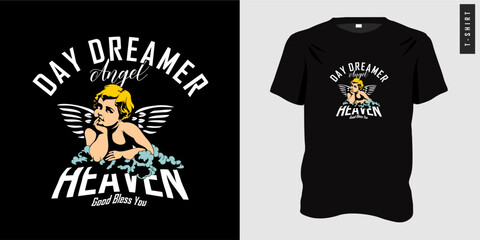 Graphic t-shirt design ready to print. Day Dreamer typography slogan with antique angel baby sleeping in heaven. Printed t-shirt vector for teenagers.