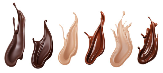 Set of Chocolate or cocoa liquid splashes isolated on white background.  - obrazy, fototapety, plakaty