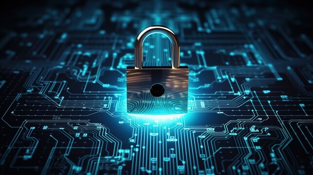 metal lock with electronic light trail background, Cybersecurity and data management concept, Generative Ai