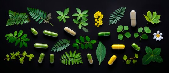 Herbal natural  organic medicine capsules surrounded by green leaves, horizontal background