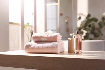 Fototapeta na wymiar Podium Product Display Towel Blurred Bathroom Background