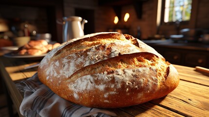 Batard loaf bread with dough slash, homemade bread on table, rustic , cottage background, Generative Ai - obrazy, fototapety, plakaty