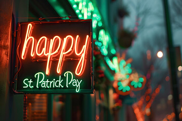 Happy St Patricks Day sign hanging on a wall of night bar ai generated art - obrazy, fototapety, plakaty