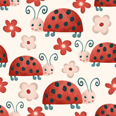 Seamless ladybug background, vector cute kids design