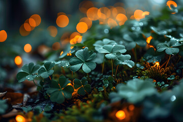 St. Patrick's Day background with green clover and bokeh ai generated art