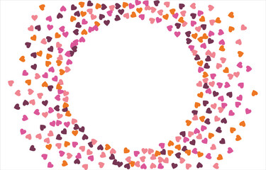 Bright hearts confetti corner frame on white background. Valentine's Day. Banner template. Space for text. Vector illustration.