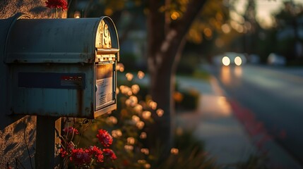 vintage blue mailbox with small village blur background, Generative Ai	
