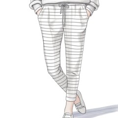 An illustration of a female wearing tabby pants, hoodie and sneakers. Casual look. Comfortable apparel. Narrow leg. Drawstring in the pants. Sports trousers with slim fit. Botts. Sweatpants. Knickers