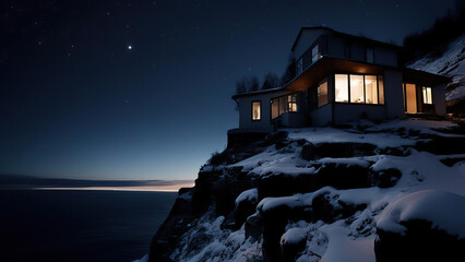 A house on the edge of a cliff on a starry night - obrazy, fototapety, plakaty