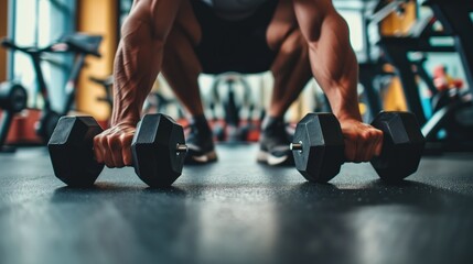 A sportsman lifts dumbbells in the gym
