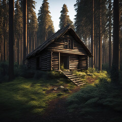 an abandoned hut in the summer forest