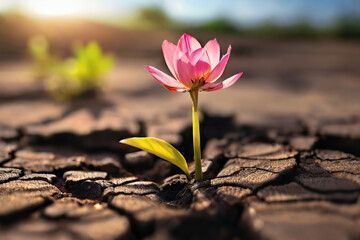 the flower grows through dried soil