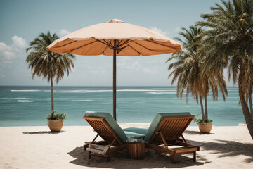 Young people sitting on deck chairs on beach