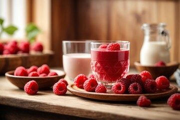 Raspberry milkshake non alcoholic cocktail. Raspberry smoothie weight loss concept. Berry smoothie in a glass on the breakfast