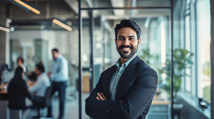 Portrait of handsome Asian Indian businessman leader in a suit standing confident in the office in front of his team