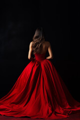 Fototapeta premium Woman in full-length red dress, back view. Black background, dark room. Elegant brunette at a party.