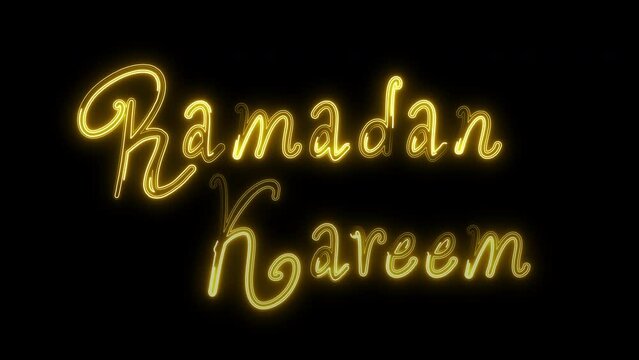 Neon Glowing Ramadan Kareem Greeting Card Design Isolated on Black Background. Neon glowing Ramdan Kareem text gif design with crescent and star design elements.