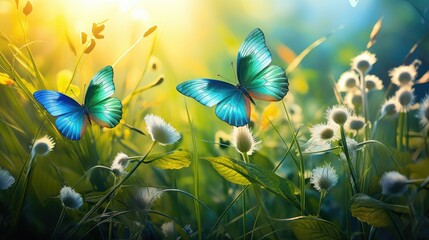 Serene Blue Butterflies Dancing in Sun-Kissed Meadows - Nature's Delight. Generative AI - obrazy, fototapety, plakaty
