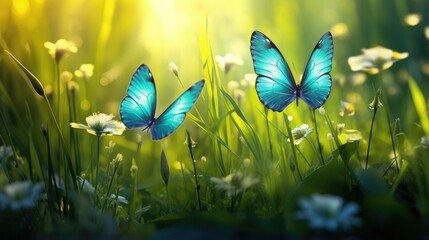 Serene Blue Butterflies Dancing in Sun-Kissed Meadows - Nature's Delight. Generative AI - obrazy, fototapety, plakaty