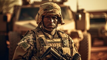 Black african military soldier with camouflage uniform and equipment. - obrazy, fototapety, plakaty