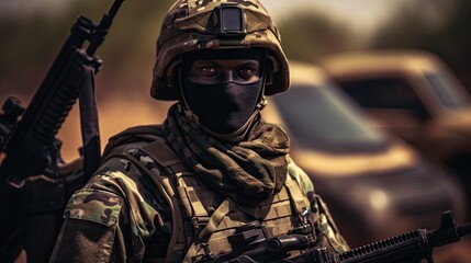 Naklejka premium Black african military soldier with camouflage uniform and equipment.
