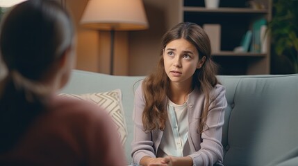 A young girl kid patient sitting and talking to psychologist about anxiety and concentration adhd disorder.