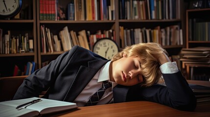 Bored student sleeping on his desk in the school classroom.