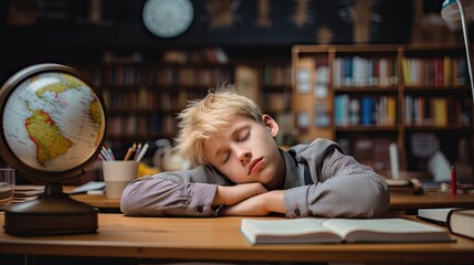 Bored student sleeping on his desk in the school classroom.
