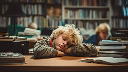 Bored student sleeping on his desk in the school classroom.