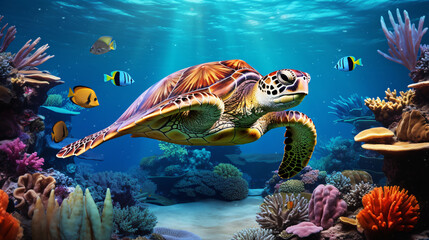 Fototapeta na wymiar Turtle With Colorful Fish and Coral in Underwater