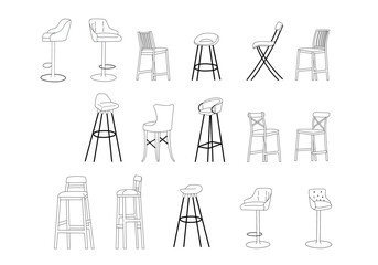 Furniture outline set of armchairs, kitchen and bar chairs for constructing interior designs.