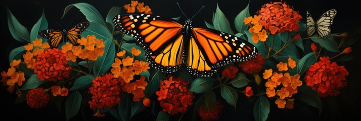 Monarch butterfly resting on a bed of bright pink flowers in Phoenix, Arizona.