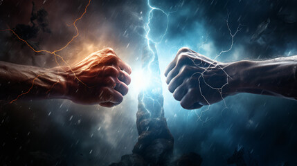 Two fists punching each other in front of a background