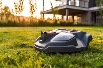Automatic robotic lawn mower on a green lawn.