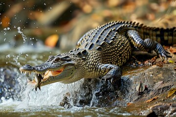 Obraz premium Crocodile in action catching the fish.