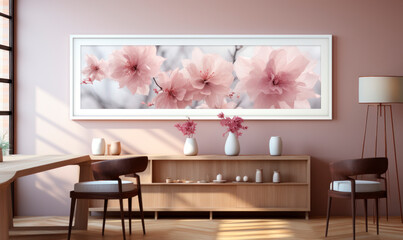 beautiful minimalistic interior room with picture on the wall with beautiful flowers. Interior in pink pastel colors.