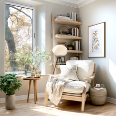 Modern minimalist interior with an armchair, pillows, plants on empty white color wall background. Scandinavian style,