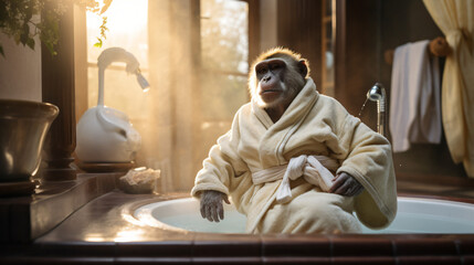 A monkey in a bathrobe relaxes in a spa